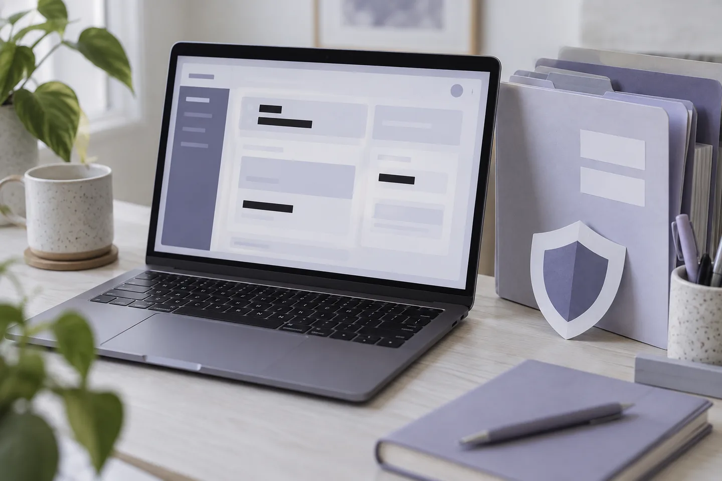 Laptop with a generic redacted portal screen beside document folders
